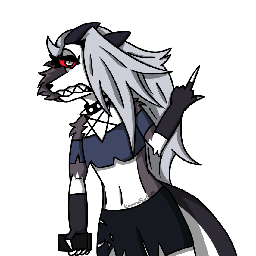 &gt;:( angry angry_eyes angry_face anthro canid canine canis female frown gesture grey_hair hair hell helluva_boss hi_res kaycraftytrus loona_(helluva_boss) mammal middle_finger phone wolf