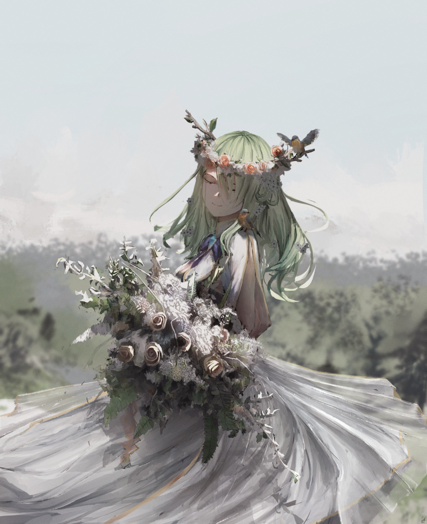 1girl 2022 absurdres antlers bangs bouquet ceres_fauna closed_eyes closed_mouth dress flower grey_hair head_wreath highres holding holding_bouquet hololive hololive_english kyatto-mikazu long_hair outdoors rose smile virtual_youtuber white_dress