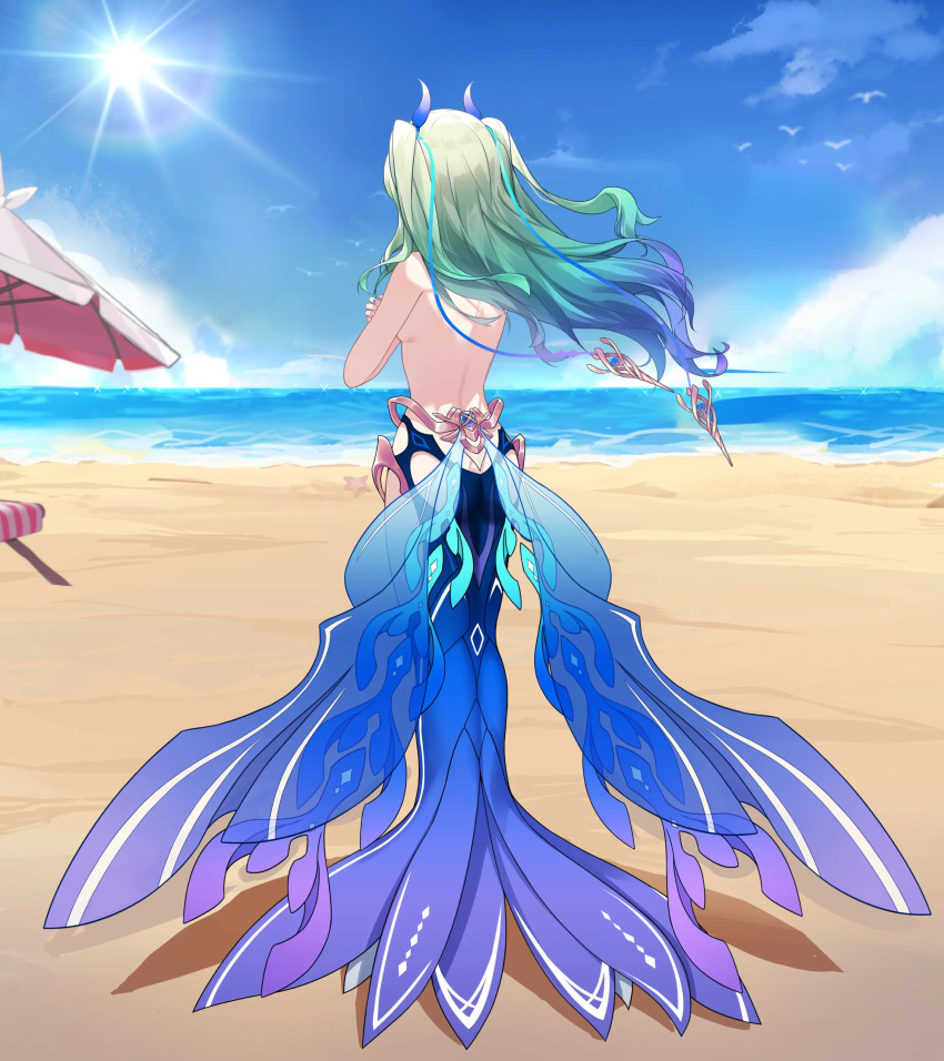 absurdres beach bikini blue_bikini breasts green_hair hamilundenongdizhe highres loose_bikini mermaid mobius_(honkai_impact) monster_girl non-web_source ocean sand small_breasts sunlight swimsuit
