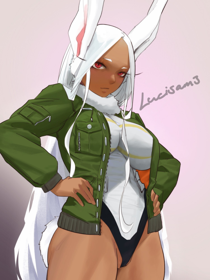 1girl animal_ears artist_name bangs boku_no_hero_academia breasts covered_navel crescent_print dark-skinned_female dark_skin expressionless gradient gradient_background green_jacket hands_on_hips highleg highleg_leotard highres jacket large_breasts leotard long_eyelashes long_hair looking_at_viewer lucisam mirko parted_bangs rabbit_ears rabbit_girl rabbit_tail red_eyes solo tail tail_through_clothes taut_leotard thighs toned turtleneck_leotard very_long_hair white_hair white_leotard