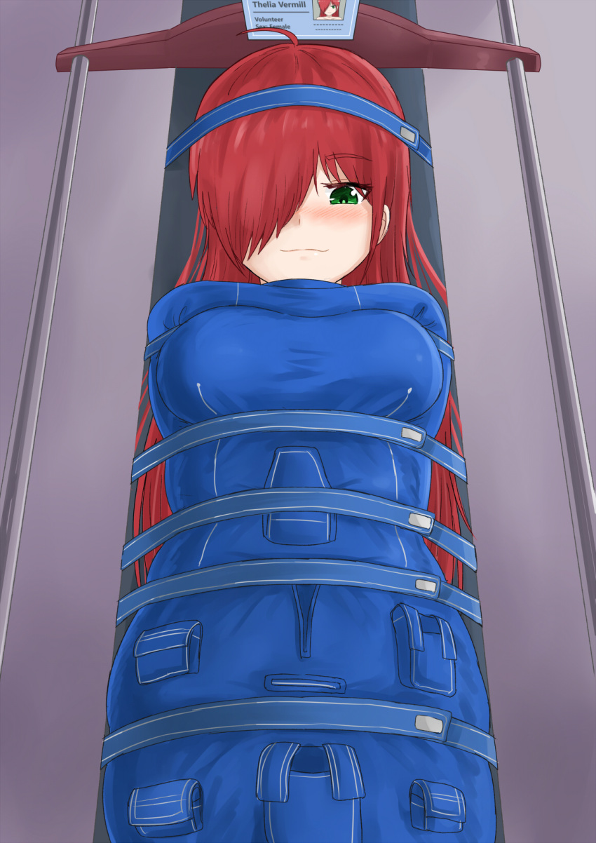 bdsm bondage bound breasts english_commentary green_eyes hair_over_one_eye highres immobilization jitan777 long_hair medium_breasts nasa original pouch red_hair restrained sleepsack smile