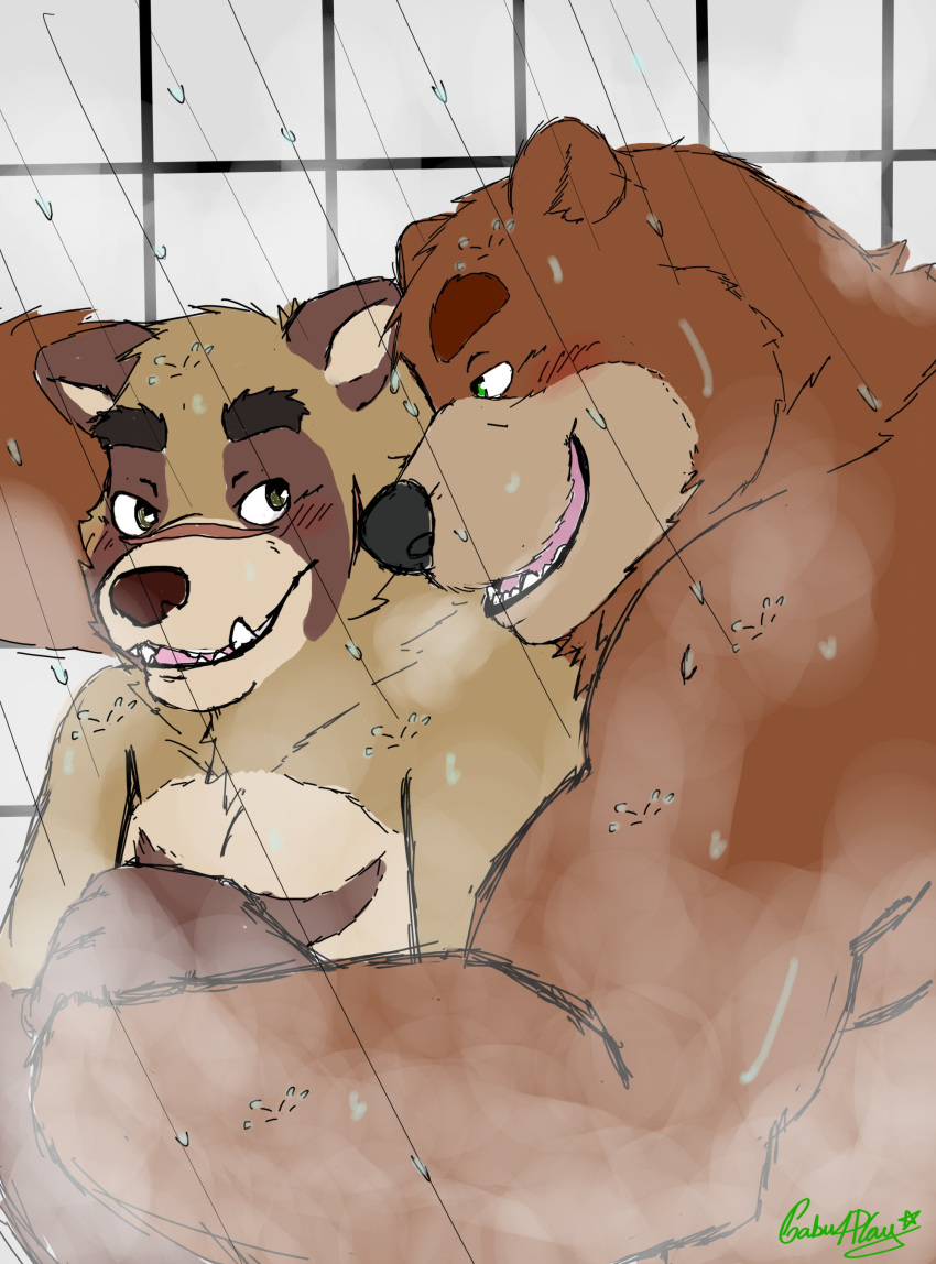 2022 absurd_res anthro bathing blush brown_bear brown_body dave_(password) dean_(password) detailed_background duo embrace gabu4play hi_res hug hugging_from_behind hyaenid male male/male mammal password_(visual_novel) striped_hyena ursid ursine video_games visual_novel water wet