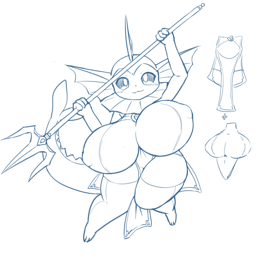 2022 3_fingers 3_toes :3 anthro big_breasts blush bottomwear breasts clothing eeveelution feet female fingers frill_(anatomy) generation_1_pokemon hi_res holding_object holding_weapon huge_breasts inner_boob legwear loincloth looking_at_viewer melee_weapon monochrome nintendo nipple_outline obikuragetyan pokemon pokemon_(species) polearm raised_arms simple_background sketch solo thigh_highs toes topwear trident vaporeon video_games weapon white_background