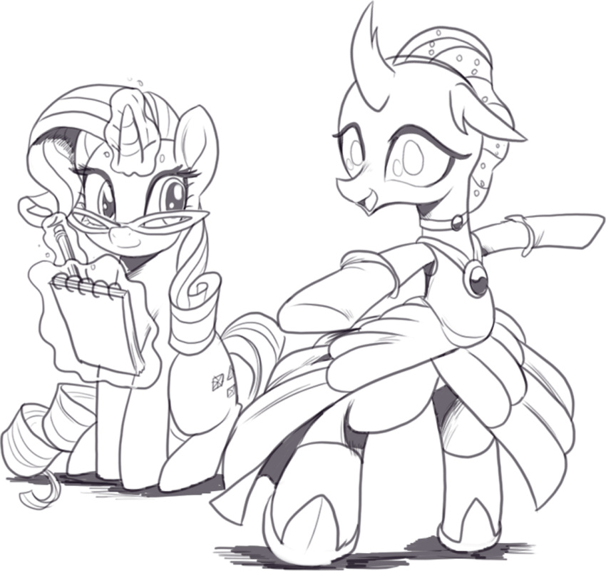 arthropod biped changeling clothing cutie_mark dancing dress duo equid equine eyelashes eyewear feral friendship_is_magic glasses gloves greyscale handwear hasbro horn magic mammal monochrome my_little_pony nauyaco notebook ocellus_(mlp) open_mouth open_smile rarity_(mlp) simple_background sitting smile standing unicorn white_background