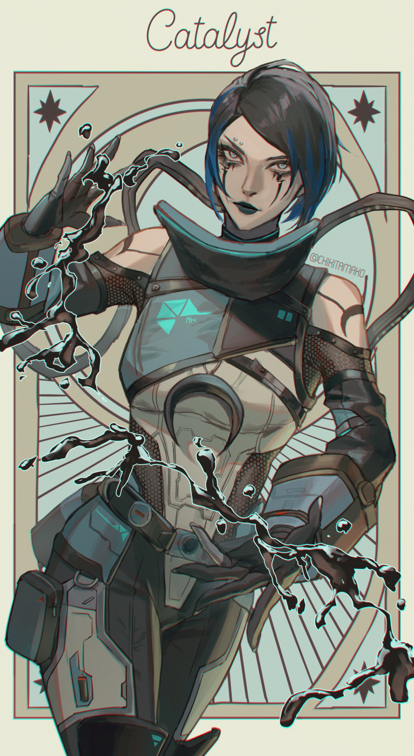 1girl absurdres apex_legends black_bodysuit black_eyeshadow black_gloves black_hair black_lips blue_bodysuit blue_eyes blue_hair bodysuit breasts catalyst_(apex_legends) clothing_cutout eye_piercing eyeshadow gloves highres liquid looking_ahead makeup multicolored_bodysuit multicolored_clothes multicolored_hair open_hands reikichi short_hair shoulder_cutout small_breasts solo streaked_hair twitter_username walking