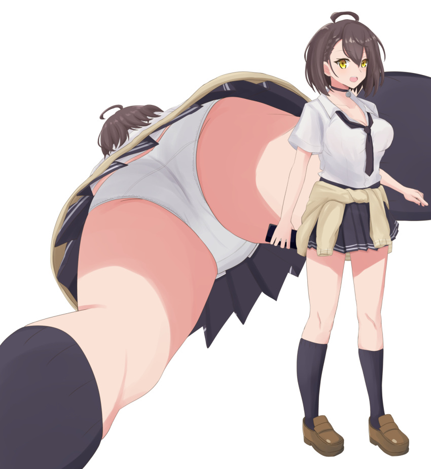 1girl :d ahoge azur_lane baltimore_(after-school_ace)_(azur_lane) baltimore_(azur_lane) bangs black_choker black_necktie black_skirt black_socks braid breasts brown_footwear brown_hair cardigan cardigan_around_waist cellphone choker cleavage close-up clothes_around_waist collarbone collared_shirt commentary_request commission french_braid from_below full_body hair_between_eyes highres holding holding_phone kneehighs large_breasts looking_at_viewer loose_necktie lower_body mtu_virus multiple_views necktie official_alternate_costume open_mouth panties partial_commentary partially_unbuttoned phone pixiv_request piyoyama pleated_skirt school_uniform shirt shoes short_hair short_sleeves sidelocks simple_background skirt smartphone smile socks standing underwear upskirt white_background white_panties white_shirt yellow_eyes