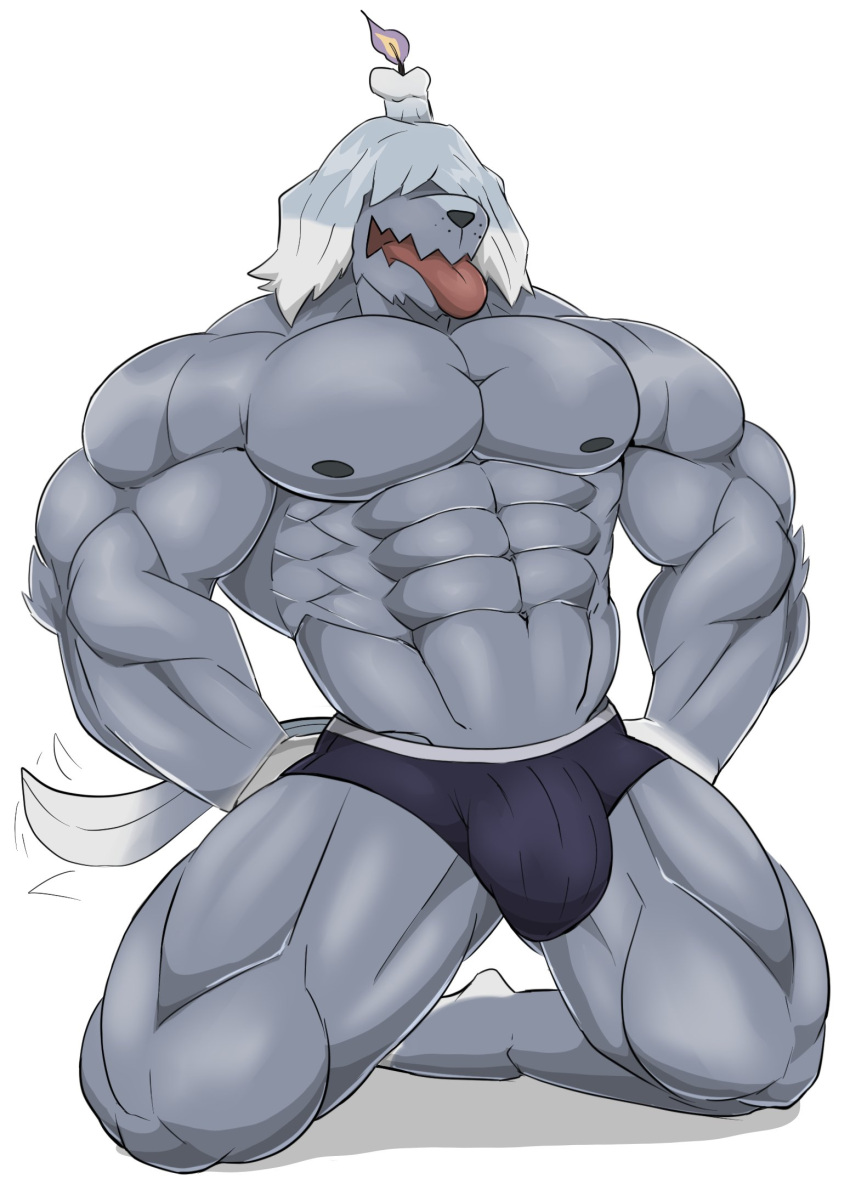 2022 abs anatake anthro areola barazoku biceps big_muscles biped canid canine clothing digital_media_(artwork) greavard hi_res kneeling male mammal mostly_nude muscular muscular_anthro muscular_male nipples pecs quads simple_background smile solo thick_thighs tongue tongue_out triceps underwear video_games