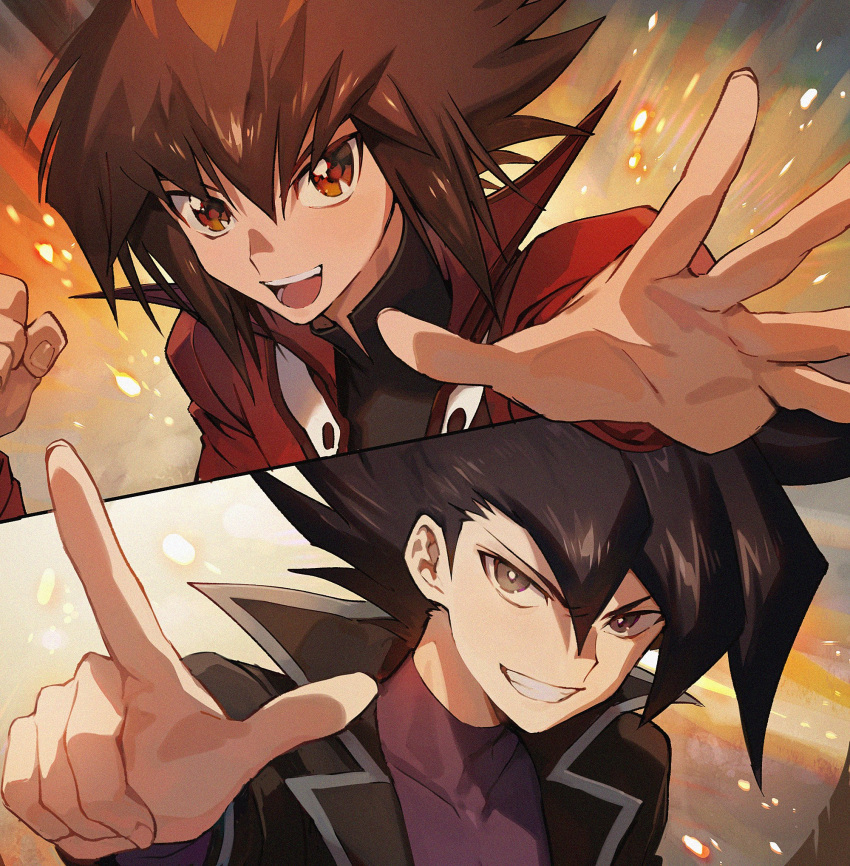 2boys aoki_(fumomo) bangs black_coat black_hair black_shirt brown_eyes clenched_hand coat duel_academy_uniform_(yu-gi-oh!_gx) grey_eyes grin hair_between_eyes highres index_finger_raised jacket long_sleeves looking_at_another male_focus manjoume_jun multicolored_hair multiple_boys open_clothes open_hand red_jacket shirt short_hair smile spiked_hair two-tone_hair upper_body yu-gi-oh! yu-gi-oh!_gx yuuki_juudai