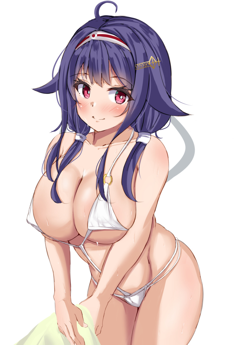 1girl absurdres ahoge alternate_costume breasts cowboy_shot hair_flaps hair_ornament hairclip highres huge_breasts kantai_collection looking_at_viewer low_twintails purple_hair red_eyes ryuuhou_(kancolle) ryuuhou_kai_ni_(kancolle) sakura_ab smile solo standing swimsuit taigei_(kancolle) twintails white_one-piece_swimsuit