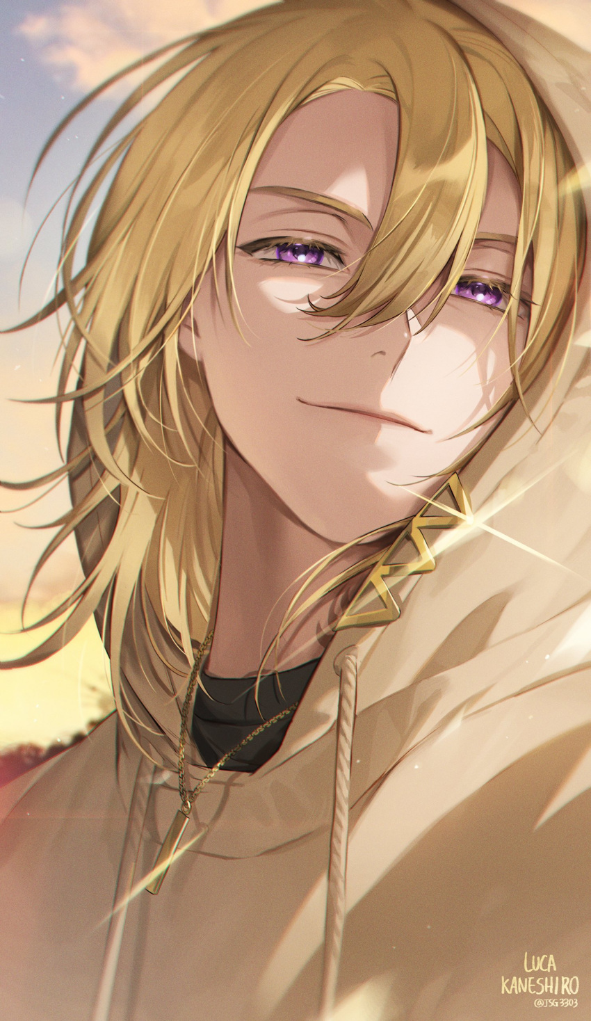 1boy absurdres artist_name bangs blonde_hair character_name closed_mouth gold_necklace hair_between_eyes highres hood hood_up hoodie jewelry long_hair looking_at_viewer luca_kaneshiro male_focus necklace nijisanji nijisanji_en portrait purple_eyes sky smile solo subob_(jsg3303) upper_body virtual_youtuber