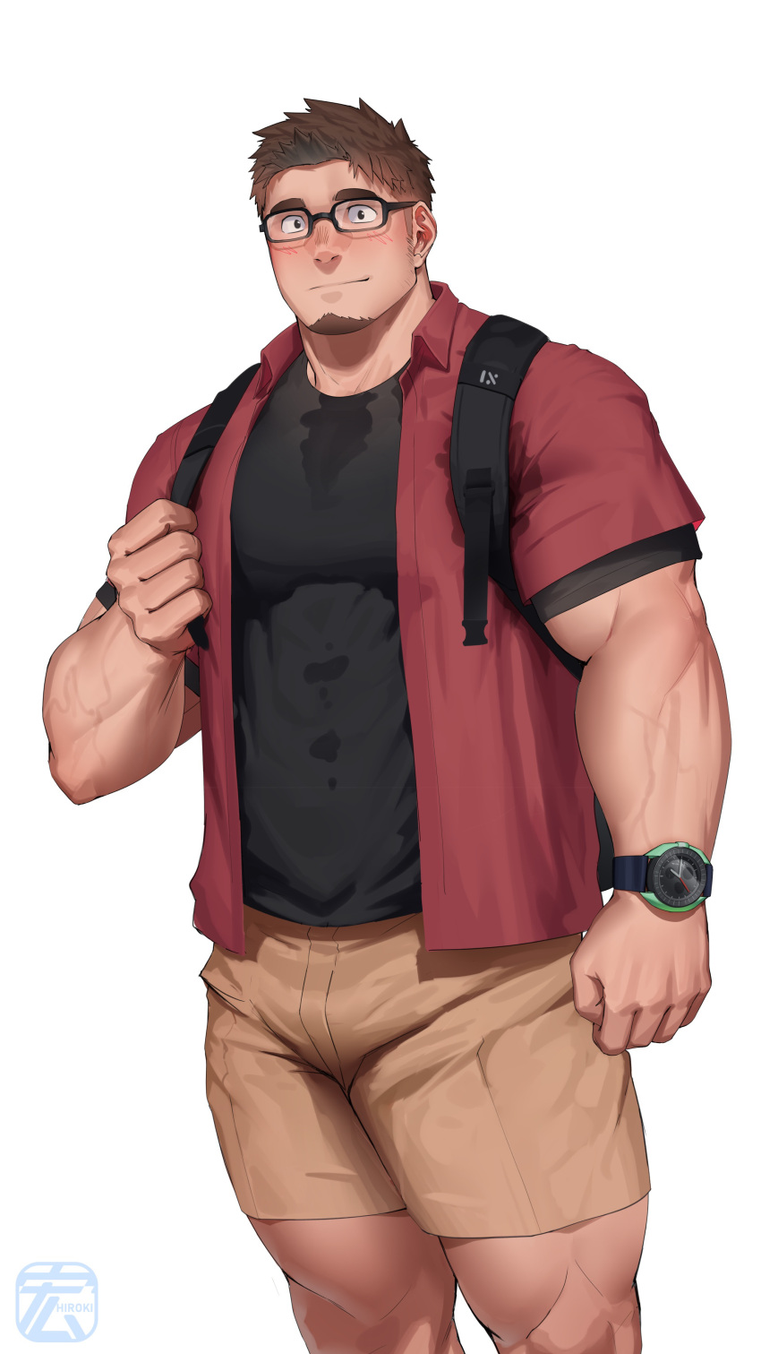 1boy absurdres backpack bag bara blush brown_hair brown_shorts closed_mouth facial_hair glasses goatee highres hiroki_bzdsk large_pectorals male_focus muscular muscular_male open_clothes open_shirt original pectorals red_shirt shirt short_hair shorts smile solo t-shirt watch wristwatch