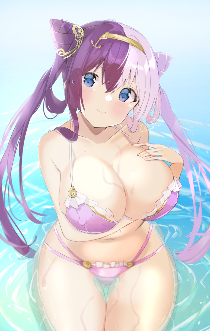 1girl alternate_costume arm_under_breasts azur_lane bikini blue_eyes breasts caltins covered_nipples frilled_bikini frills hair_horns hand_on_own_chest highres huge_breasts looking_at_viewer multicolored_hair oppai_loli purple_bikini purple_hair split-color_hair swimsuit thigh_gap wading water wet ying_swei_(azur_lane)