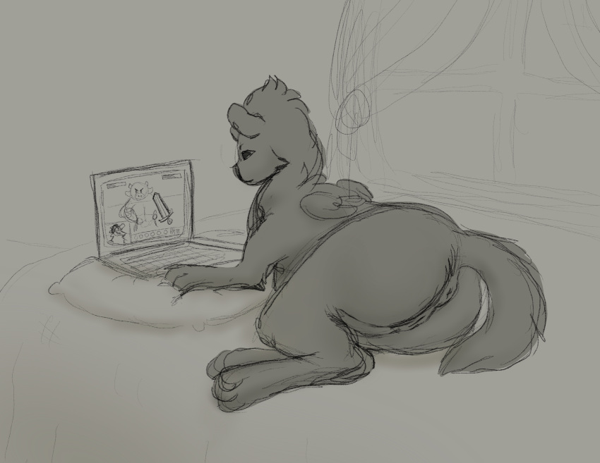 absurd_res anthro anus beast_(disambiguation) bed butt computer female furniture hi_res hurse_lady kaprii laptop male mammal mephitid nude paws pillow relaxing simple simple_background sketch skunk solo window wings