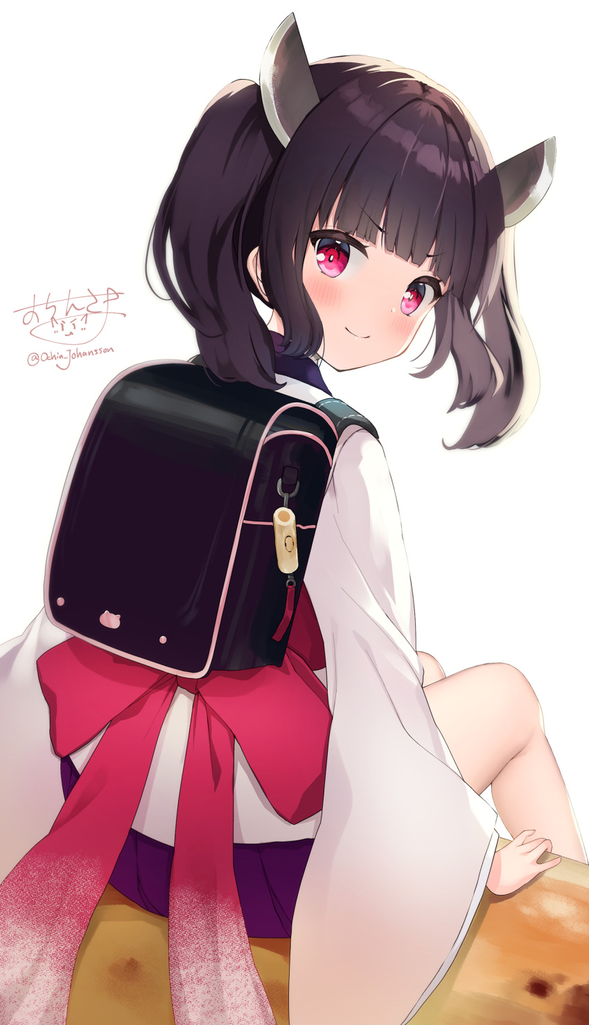 &gt;:) 1girl absurdres backpack bag bangs black_hair blunt_bangs blush chikuwa closed_mouth commentary_request food from_behind headgear highres japanese_clothes kimono looking_at_viewer looking_back minigirl ochinsama on_food pleated_skirt purple_eyes purple_skirt signature simple_background sitting skirt smile solo touhoku_kiritan twintails twitter_username v-shaped_eyebrows voiceroid white_background white_kimono