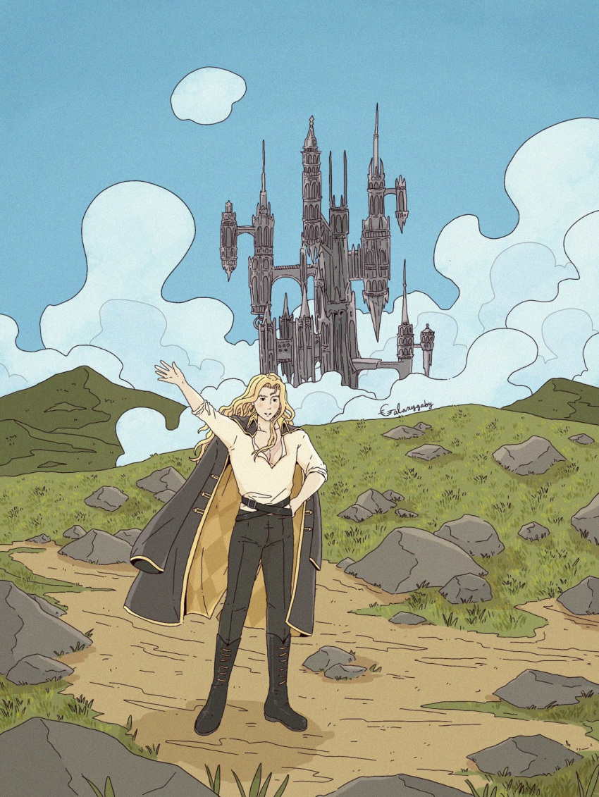 1boy alucard_(castlevania) blonde_hair blue_sky cape castle castlevania castlevania_(netflix) cosplay crossover galaxygaby grass highres howl_(howl_no_ugoku_shiro) howl_(howl_no_ugoku_shiro)_(cosplay) howl_no_ugoku_shiro long_hair sky studio_ghibli waving