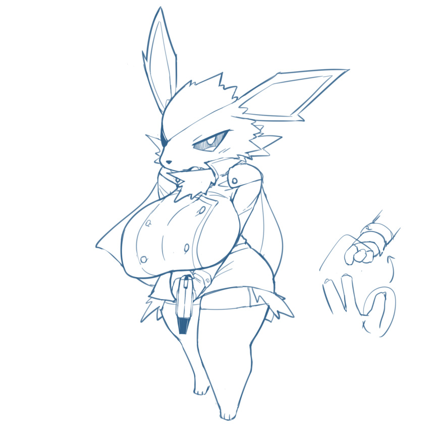 2022 3_fingers 3_toes anthro big_breasts blush breasts cape chest_tuft claws clothing cuff_links cute_fangs dress eeveelution eye_patch eyewear feet female fingers generation_1_pokemon gun handgun hi_res holding_object holding_weapon huge_breasts jolteon legwear looking_at_viewer monochrome nintendo obikuragetyan open_mouth pistol pokemon pokemon_(species) ranged_weapon sagging_breasts simple_background sketch solo thigh_highs toes tuft video_games weapon white_background