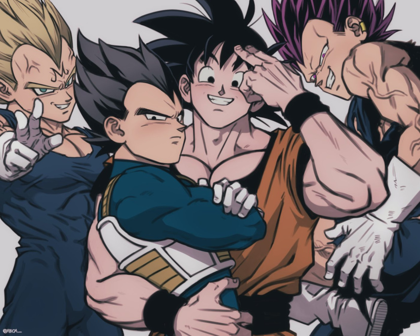 2boys armor black_hair blue_bodysuit bodysuit boots chest_armor closed_mouth dougi dragon_ball dragon_ball_super evil_smile facial_mark fecaa forehead_mark gloves large_pectorals majin_vegeta male_focus multiple_boys muscular muscular_male no_eyebrows pectorals pink_eyes purple_hair saiyan_armor short_hair smile son_goku spiked_hair super_saiyan super_saiyan_2 teeth torn_bodysuit torn_clothes ultra_ego_(dragon_ball) vegeta white_gloves wristband