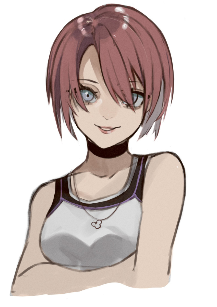 1girl bangs black_choker blue_eyes choker collarbone crossed_arms head_tilt highres jewelry kairi_(kingdom_hearts) kingdom_hearts kingdom_hearts_i looking_at_viewer necklace parted_lips portrait red_hair short_hair simple_background smile solo vivi_(skuskuma_) white_background