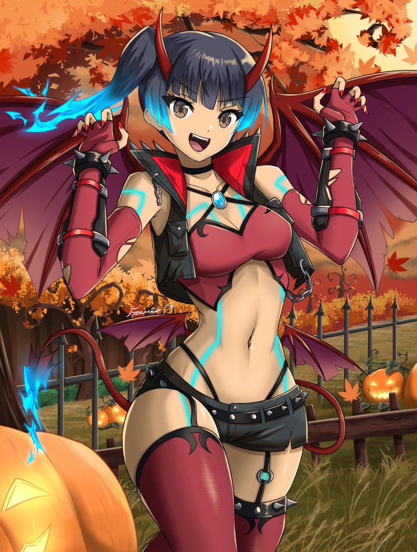 1girl alternate_costume breasts crop_top demon_girl demon_horns demon_tail demon_wings fangs fgsketch fiery_hair glowing_lines halloween highres horns sena_(xenoblade) small_breasts solo tail wings xenoblade_chronicles_(series) xenoblade_chronicles_3