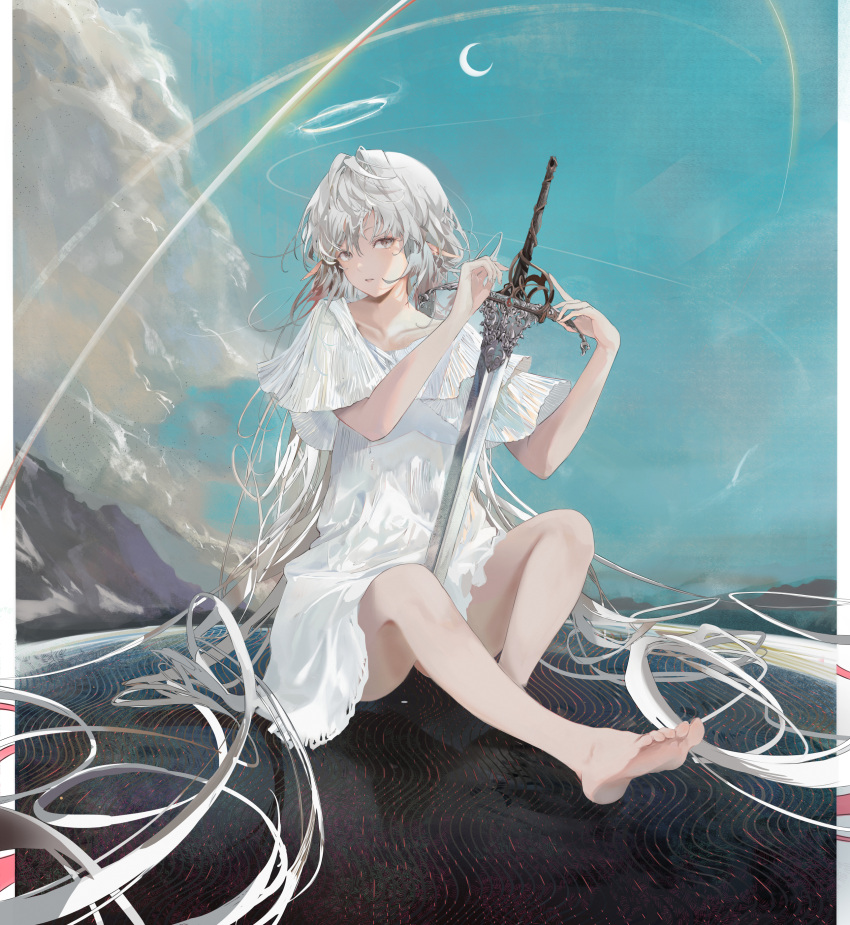 1girl absurdres barefoot blue_sky cloud cloudy_sky collarbone crescent_moon dress feet frilled_sleeves frills full_body grey_eyes grey_hair halo hands_up highres holding jenmin12 legs long_hair moon multicolored_hair original pointy_ears red_hair sitting sky soles solo streaked_hair sword toes very_long_hair weapon white_dress