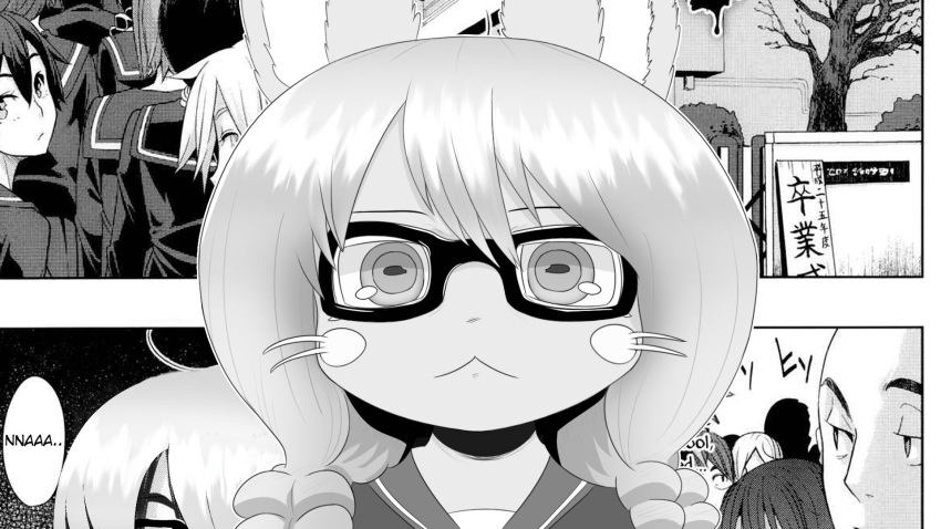anime_style anthro clothed clothing comic cover cover_art cover_page crossover detailed_background digital_media_(artwork) eyewear female fluffy fur fur_tuft glasses hair hi_res human japanese_text lagomorph leporid made_in_abyss male mammal manga nanachi narehate parody rabbit smugbuns solo style_parody text tuft