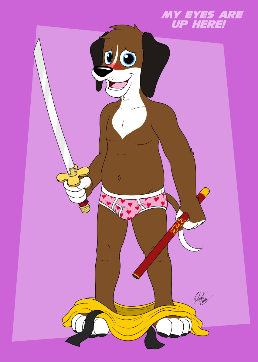 absurd_res beagle blush bulge canid canine canis clothing doggettdouglasmcdog domestic_dog hank_(paws_of_fury) hi_res hunting_dog katana looking_at_viewer male mammal melee_weapon paws_of_fury:_the_legend_of_hank pink_clothing pink_underwear robe scabbard scent_hound solo sword text underwear weapon