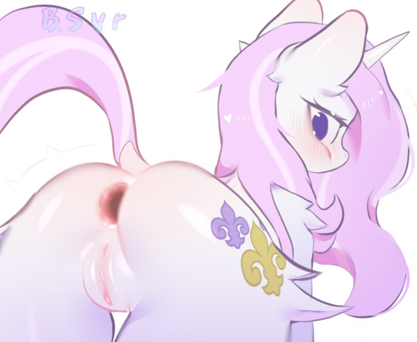 &lt;3 2022 anus bittersyrup blush blush_lines butt cutie_mark digital_media_(artwork) equid equine eyelashes female feral fur gaping gaping_anus genitals hair hasbro horn looking_at_viewer looking_back looking_back_at_viewer mammal multicolored_body multicolored_fur my_little_pony pink_body pink_fur pink_hair pink_tail presenting presenting_anus presenting_hindquarters presenting_pussy pussy raised_tail rear_view signature simple_background solo tuft unicorn unicorn_horn white_background white_body white_fur