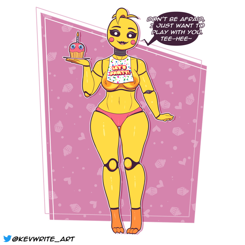 2022 absurd_res animatronic anthro avian bird breasts butt camel_toe chicken clothed clothing cupcake cupcake_(fnaf) dialogue digital_media_(artwork) english_text female five_nights_at_freddy's five_nights_at_freddy's_2 food fur galliform gallus_(genus) hi_res kevwrite machine nipples non-mammal_breasts non-mammal_nipples open_mouth panties phasianid pink_clothing pink_panties pink_underwear question_mark robot scottgames shadow solo text toy_chica_(fnaf) underwear video_games white_text yellow_body yellow_fur