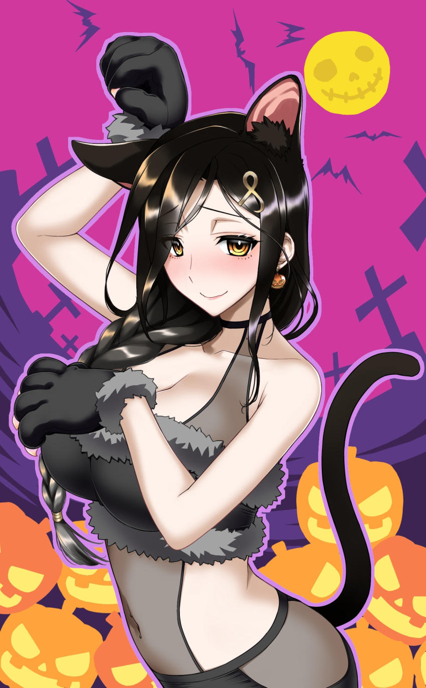 1girl animal_ears animal_hands bangs bat_(animal) black_gloves black_hair black_leotard black_shirt black_shorts blush braid breasts brown_eyes cat_ears cat_tail cleavage commentary_request covering covering_breasts earrings full_moon fur-trimmed_shirt fur_trim gloves graveyard hair_ornament hair_over_shoulder hair_tie hairclip halloween halloween_costume highres jack-o'-lantern jewelry kemonomimi_mode koishikawa large_breasts leotard leotard_under_clothes long_hair looking_at_viewer moon navel night nijisanji partial_commentary paw_gloves paw_pose pink_sky purple_outline see-through shirayuki_tomoe shirt shorts single_braid solo swept_bangs tail virtual_youtuber