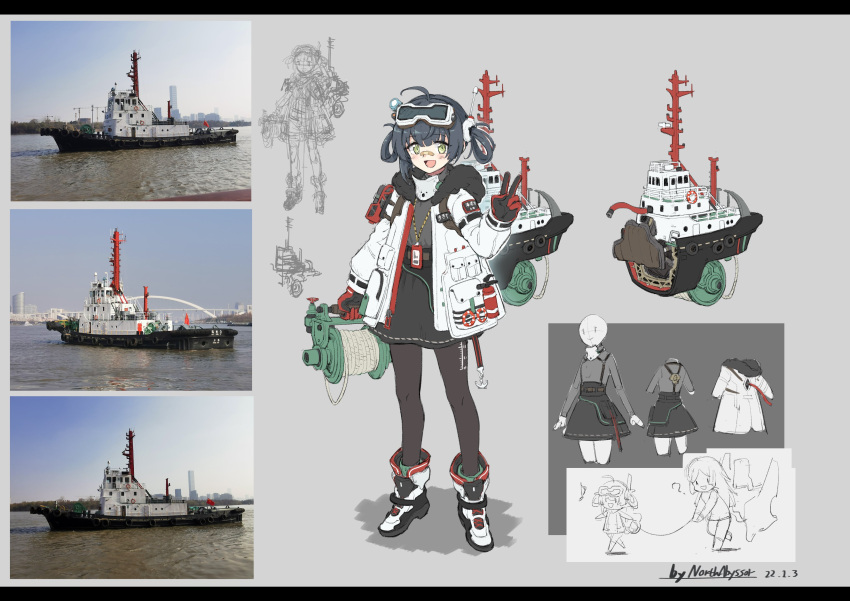 absurdres anchor black_hair black_pantyhose black_skirt gloves goggles goggles_on_head highres jacket lifebuoy mast miniskirt north_abyssor open_mouth original pantyhose personification ship skirt tugboat two-tone_gloves v watercraft white_footwear white_jacket winch yellow_eyes