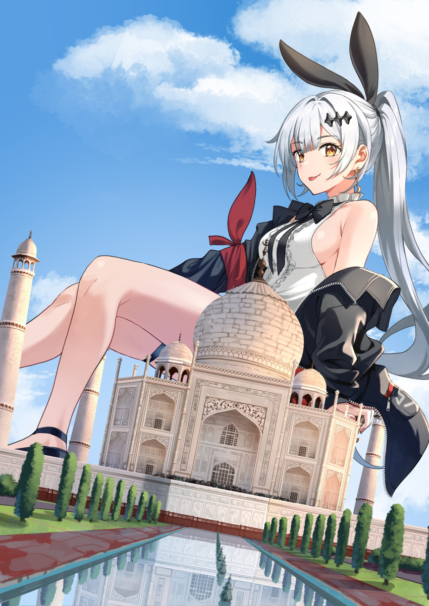 1girl absurdres animal_ears arm_support armband artist_request bangs black_bow black_bowtie black_footwear black_jacket blue_sky bow bowtie breasts cloud cloudy_sky commission dutch_angle earrings english_commentary fake_animal_ears five-seven_(girls'_frontline) foot_out_of_frame frilled_shirt_collar frills from_side giant giantess girls'_frontline grey_hair hair_ornament high_ponytail highres jacket jewelry leaning_back legs long_hair off_shoulder outdoors ponytail rabbit_ears shirt sideboob sidelocks sitting sky sleeveless sleeveless_shirt solo taj_mahal thigh_strap thighs tongue tongue_out unzipped yellow_eyes