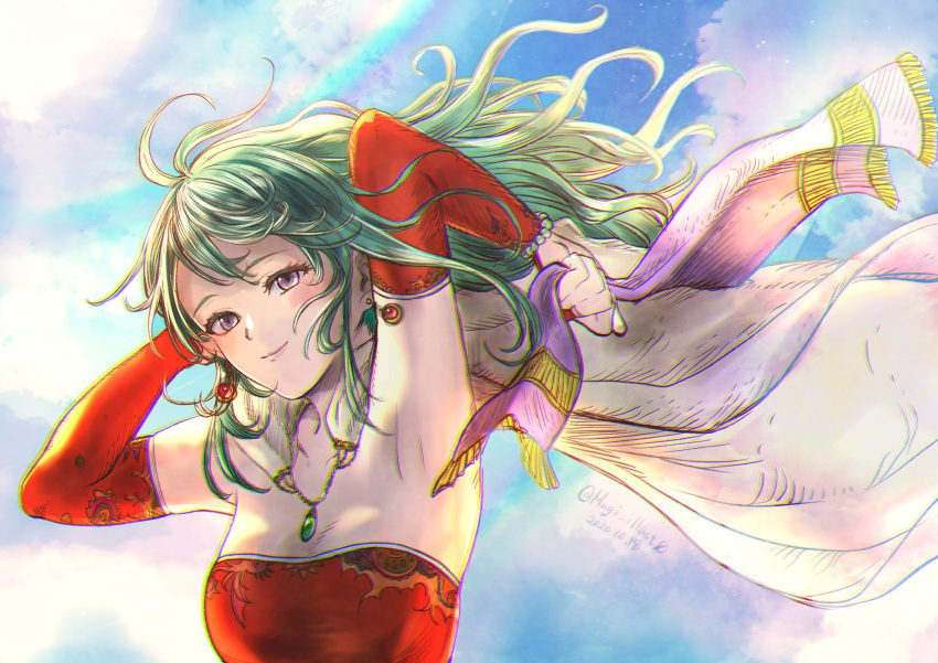 1girl armpits arms_behind_head bangs bare_shoulders bead_bracelet beads bracelet breasts bridal_gauntlets cape cleavage cloud cloudy_sky detached_sleeves dress earrings final_fantasy final_fantasy_vi green_hair hair_ribbon hair_undone highres holding holding_ribbon jewelry komugiko_no_mori long_hair looking_at_viewer medium_breasts outdoors pink_cape purple_eyes red_dress red_sleeves ribbon sky smile solo strapless strapless_dress tina_branford tube_dress upper_body