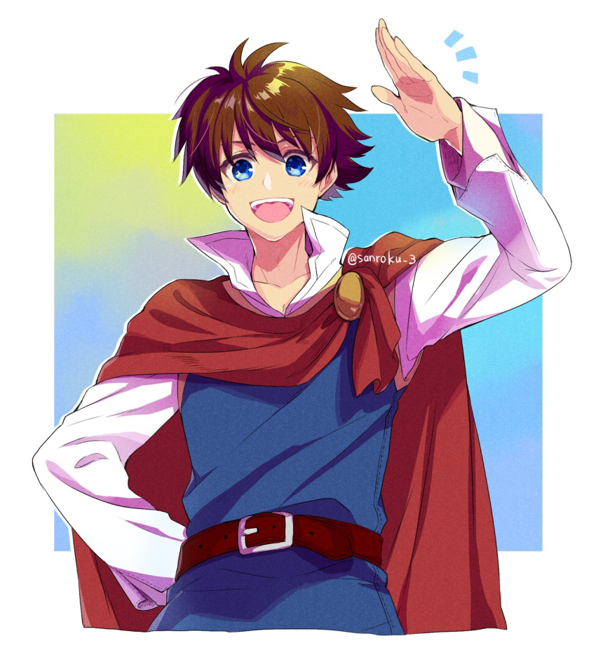 1boy belt belt_buckle blue_eyes blue_tunic border brown_belt brown_hair buckle butz_klauser cape collared_shirt final_fantasy final_fantasy_v gradient gradient_background hair_between_eyes hand_on_hip highres long_sleeves looking_at_viewer male_focus open_mouth popped_collar red_cape sanroku_3 shirt short_hair smile solo teeth twitter_username upper_body upper_teeth waving white_shirt