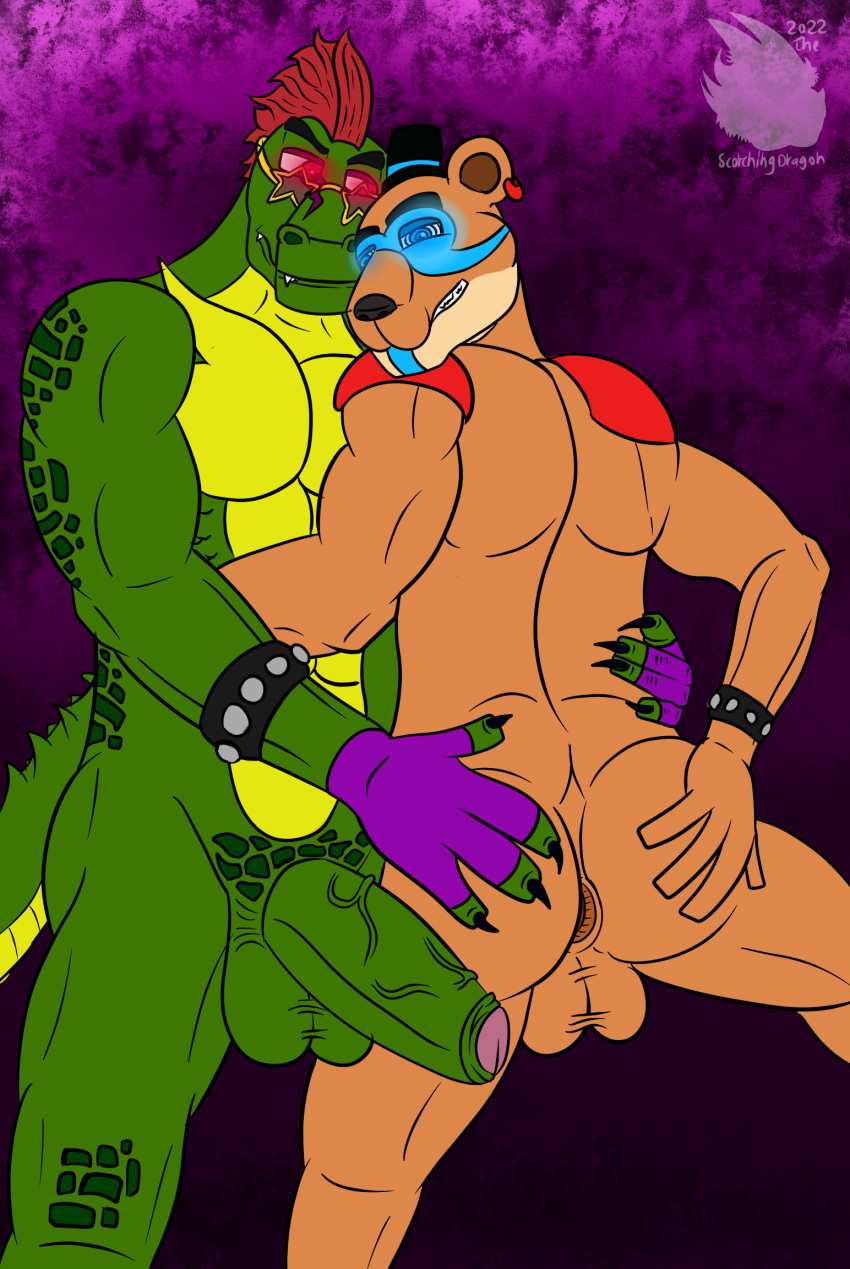 alligator alligatorid anthro anus balls blue_eyes butt butt_grab clothing crocodilian duo embrace erection five_nights_at_freddy's five_nights_at_freddy's:_security_breach freddy_(fnaf) freddy_fazbear's_pizzeria_simulator genitals glowing glowing_eyes green_body green_scales hand_on_butt hat headgear headwear hi_res hug male male/male mammal montgomery_gator_(fnaf) penis red_eyes reptile rockstar_freddy_(fnaf) rockstar_montgomery_gator_(fnaf) scales scalie scottgames smile smirk thescorchingdragon ursid vein veiny_penis video_games yellow_body yellow_scales