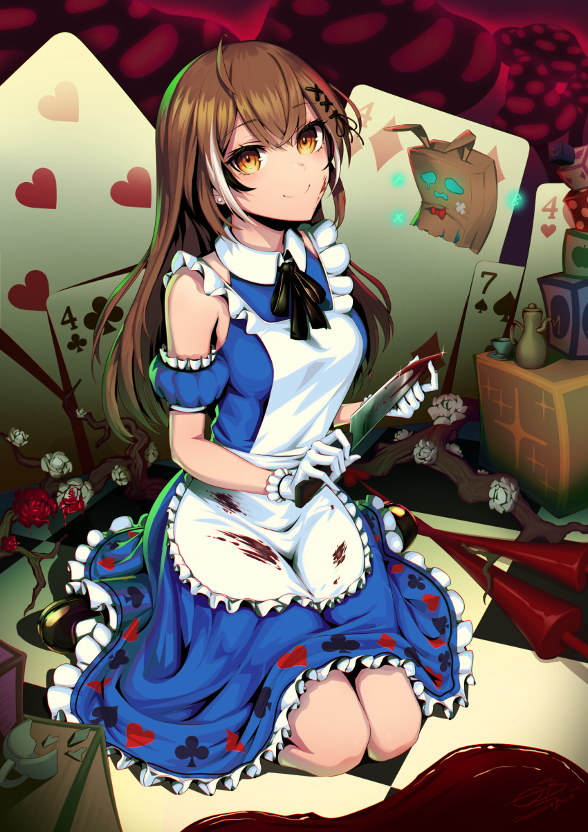1girl ahoge alice_(alice_in_wonderland) alice_(alice_in_wonderland)_(cosplay) alice_in_wonderland alternate_costume apple apron bangs black_ribbon blood blood_on_clothes blood_on_knife blue_dress box branch broken_cup brown_eyes brown_hair card checkered_floor club_(shape) cosplay cup diamond_(shape) dice dress earrings flower food friend_(nanashi_mumei) fruit gloves hair_down hair_ornament hairclip heart highres hololive hololive_english jewelry knife long_hair looking_at_viewer mary_janes multicolored_hair nanashi_mumei omniformblue playing_card polearm ribbon rose shoes smile spade_(shape) streaked_hair teacup teapot very_long_hair virtual_youtuber weapon white_flower white_gloves white_rose