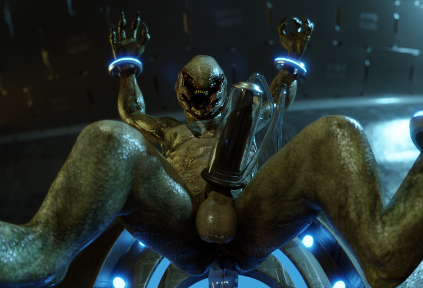 3d_(artwork) alien bdsm bondage bound digital_media_(artwork) erection fucking_machine genitals halo_(series) hi_res humanoid machine male microsoft milking_machine not_furry nude penile penis penis_milking ralic_turman sangheili sex_toy simple_background solo submissive submissive_male video_games xbox_game_studios