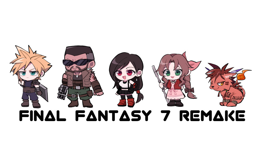 2girls :3 absurdres aerith_gainsborough animal armor baggy_pants barret_wallace beard belt black_skirt black_thighhighs blue_eyes blue_pants blue_shirt boots breasts brown_footwear brown_vest buster_sword chibi cloud_strife crop_top dog_tags dress earrings elbow_gloves facial_hair facial_mark feather_hair_ornament feathers final_fantasy final_fantasy_vii final_fantasy_vii_remake flame-tipped_tail full_body gloves green_eyes green_pants hair_ornament hair_ribbon hand_on_hip highres holding holding_staff jacket jewelry long_dress long_hair low-tied_long_hair midriff multiple_boys multiple_girls open_mouth orange_eyes orange_fur pants pink_dress pink_ribbon red_eyes red_footwear red_hair red_jacket red_xiii ribbon scar scar_across_eye scar_on_cheek scar_on_face shirt short_hair short_sleeves shoulder_armor skirt sleeveless sleeveless_shirt smile spiked_hair staff sunglasses suspenders thighhighs tifa_lockhart torn_clothes torn_sleeves ttnoooo very_short_hair vest weapon weapon_on_back white_background white_shirt