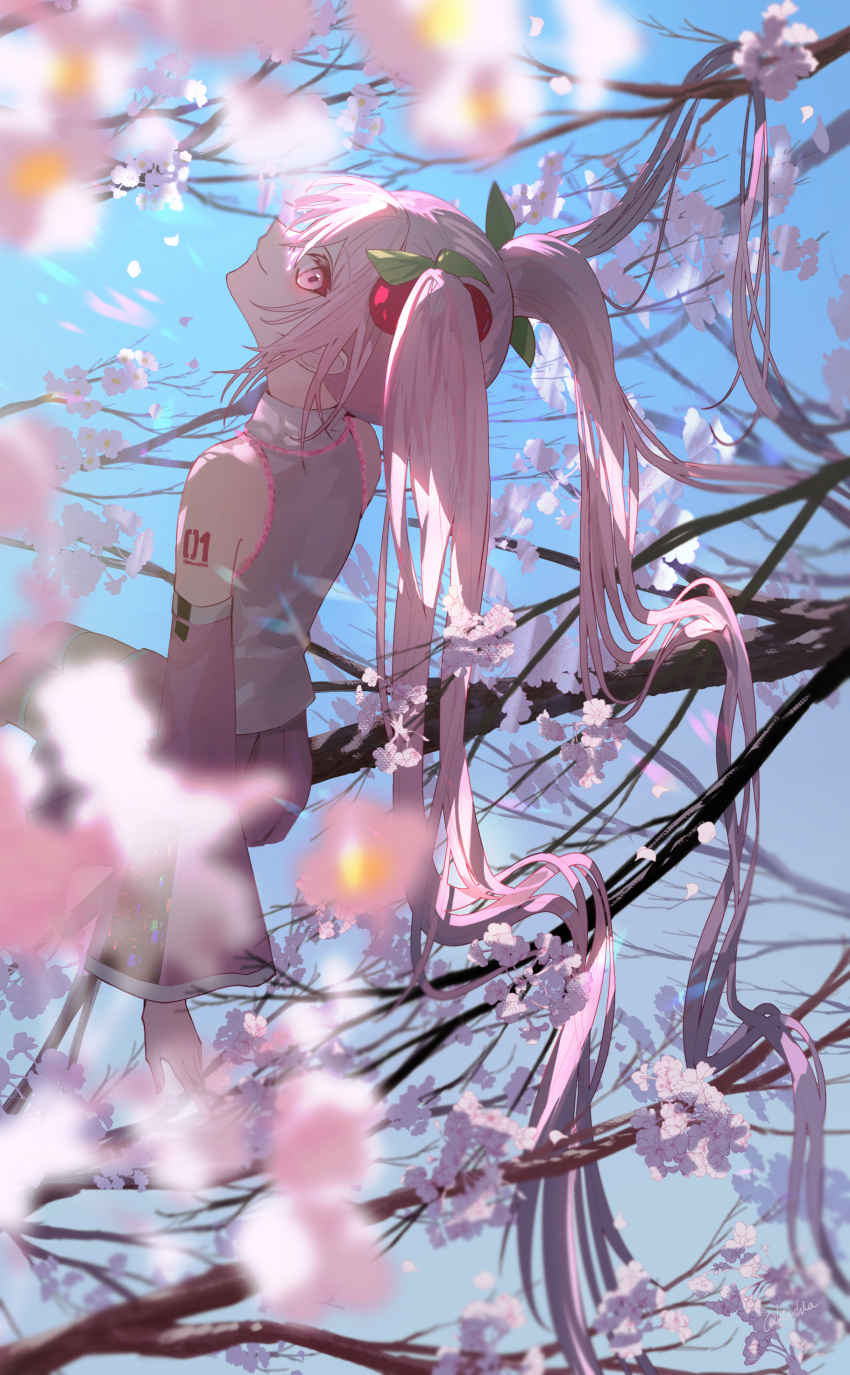 00kashian00 1girl absurdres blue_sky blurry blurry_foreground cherry_blossoms cherry_hair_ornament collared_shirt detached_sleeves food-themed_hair_ornament from_side hair_between_eyes hair_ornament hatsune_miku highres long_hair looking_at_viewer looking_to_the_side pink_eyes pink_hair pink_skirt pink_sleeves pink_thighhighs pleated_skirt sakura_miku shirt shoulder_tattoo sitting_on_branch skirt sky sleeveless sleeveless_shirt smile solo tattoo thighhighs twintails vocaloid white_shirt wide_sleeves