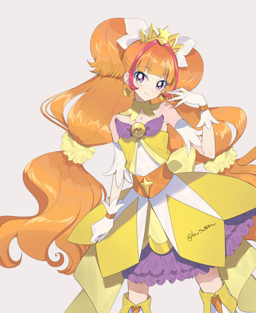 1girl amanogawa_kirara arm_garter bare_shoulders boots bow choker collarbone cure_twinkle dress earrings frilled_dress frills gloves go!_princess_precure grey_background highres jewelry long_hair looking_at_viewer magical_girl precure quad_tails scrunchie simple_background smile sohu solo star_(symbol) star_earrings strapless thigh_boots tiara twitter_username waist_bow white_gloves yellow_choker yellow_dress