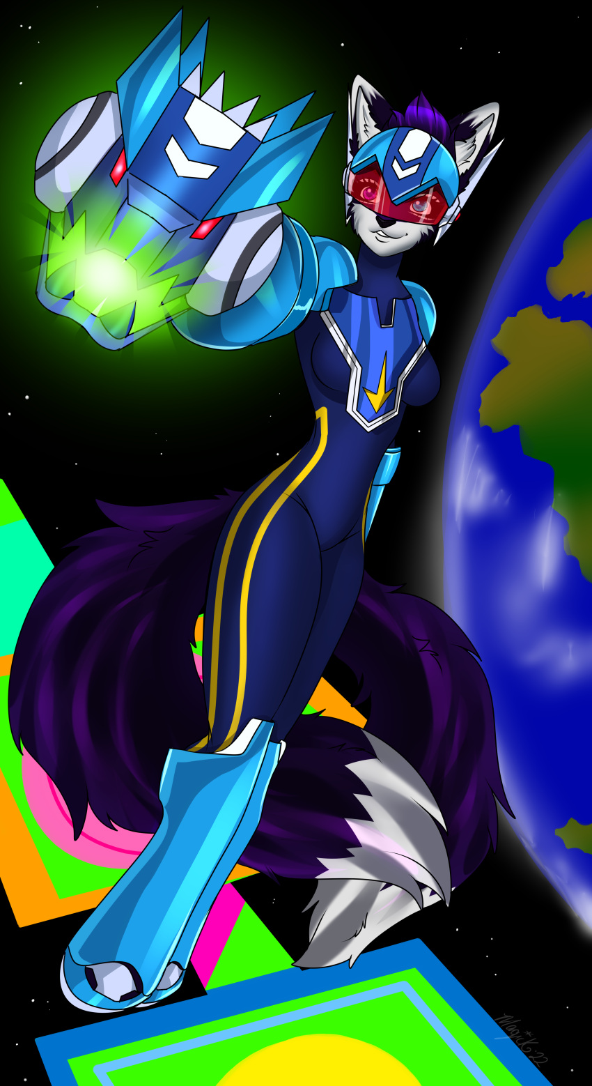 absurd_res anthro armor boots canid canine capcom clothed clothing cuff_(restraint) detailed_background digital_media_(artwork) female footwear fox fully_clothed fur gauntlets gloves hair handwear headgear headwear helmet heterochromia hi_res mammal mega_man_(series) mega_man_star_force multi_tail purple_body purple_fur purple_hair restraints short_hair shoulder_pads smile solo space tanti techsuit video_games visor weapon wide_hips wrist_cuffs xmagickx