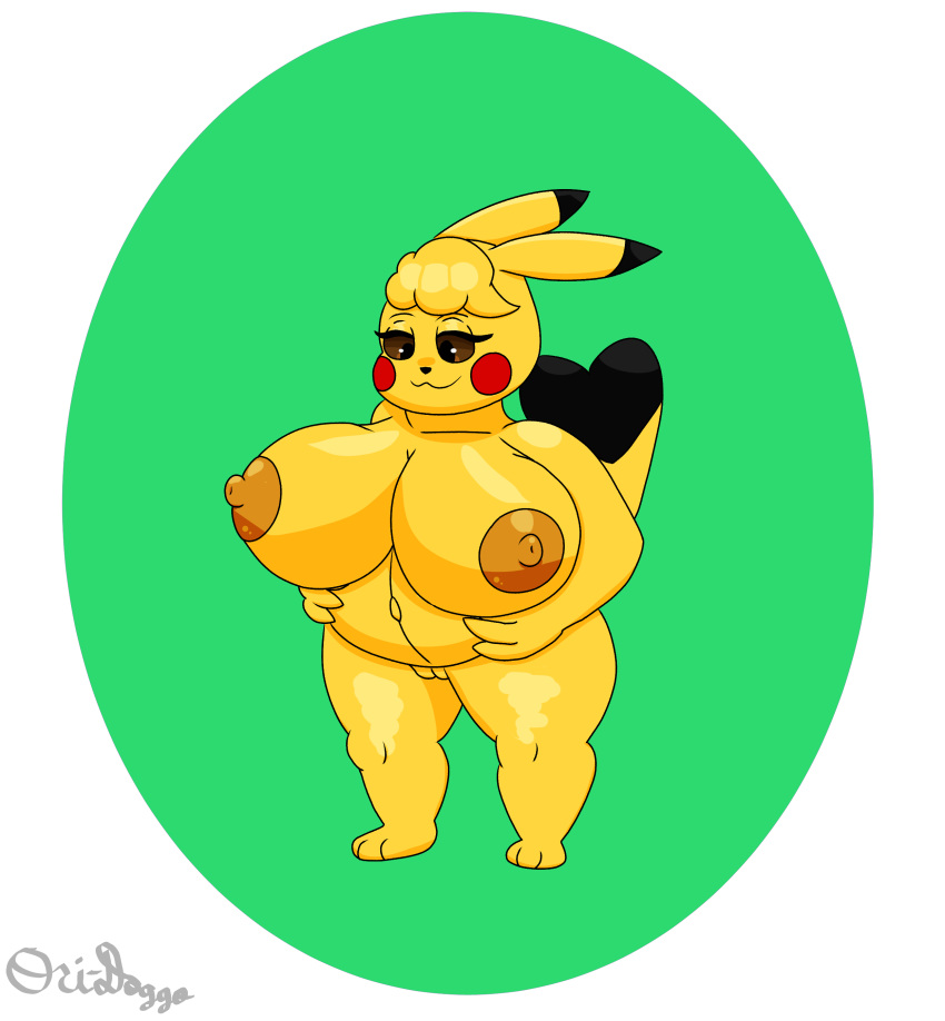 absurd_res anthro big_breasts breasts clothing cosplay_pikachu_(character) cosplay_pikachu_(costume) female generation_1_pokemon genitals hi_res holding_belly huge_breasts looking_at_belly nintendo nude ori-doggo pikachu pikachu_libre pokemon pokemon_(species) pregnant pussy solo solo_focus thick_thighs video_games volta_(ori-doggo)