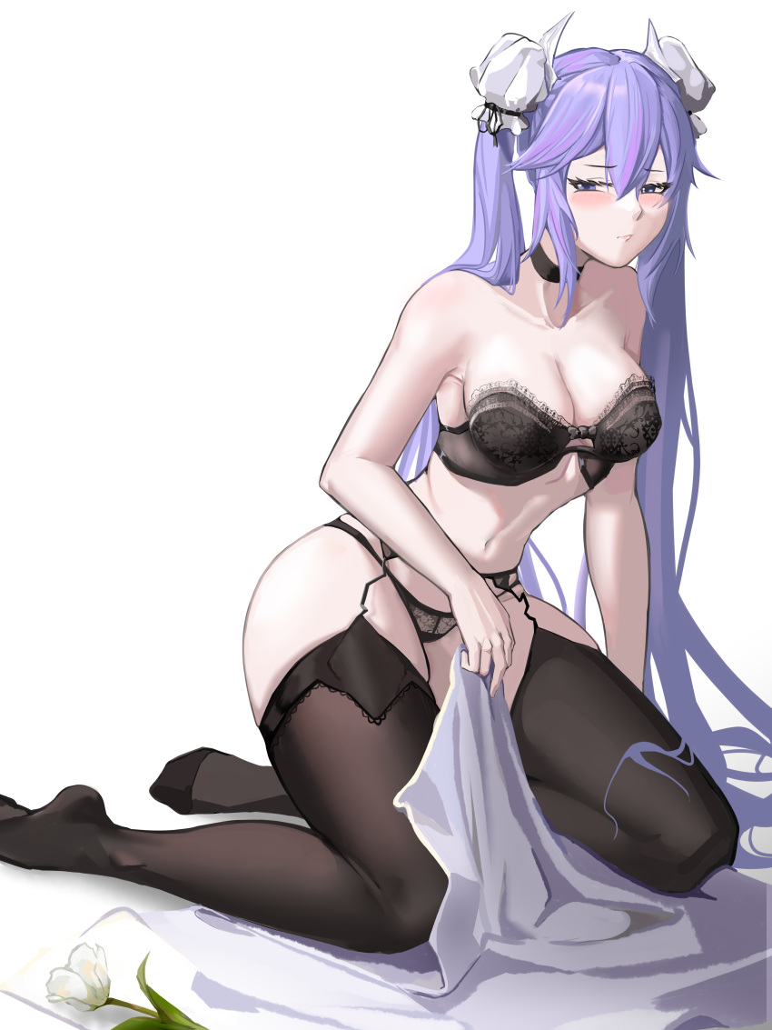 1girl a-soul absurdres ava_(a-soul) black_bra black_choker black_panties black_thighhighs blue_eyes blush bra breasts choker cleavage closed_mouth collarbone embarrassed flower garter_belt garter_straps hair_between_eyes highres holding kneeling long_hair looking_at_viewer medium_breasts panties purple_hair slug_1356 solo thighhighs thighs twintails underwear underwear_only white_background white_flower