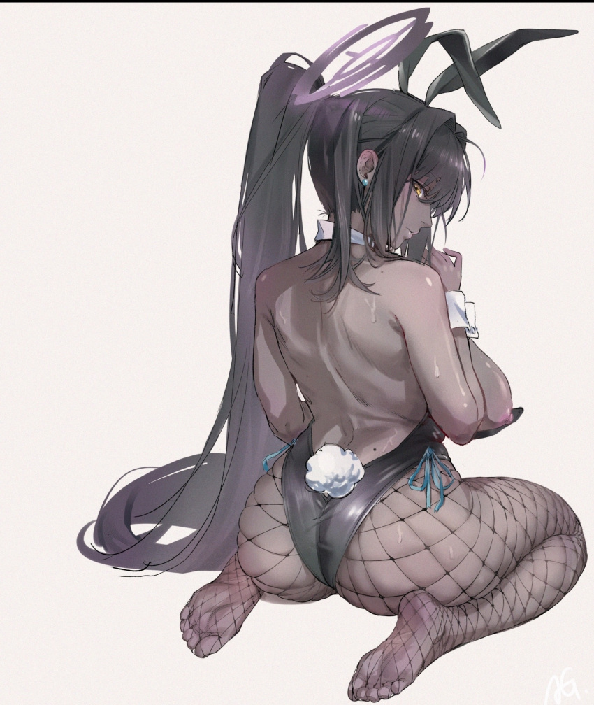 1girl agaver123 animal_ears ass black_hair black_leotard blue_archive breasts closed_mouth dark-skinned_female dark_skin detached_collar earrings facing_away feet fishnet_pantyhose fishnets full_body highres huge_breasts jewelry karin_(blue_archive) karin_(bunny)_(blue_archive) kneeling leotard long_hair looking_at_viewer looking_back mole mole_on_back nipples official_alternate_costume pantyhose playboy_bunny rabbit_ears rabbit_tail ribbon sideboob simple_background skindentation solo strapless strapless_leotard tail very_long_hair white_background wrist_cuffs yellow_eyes