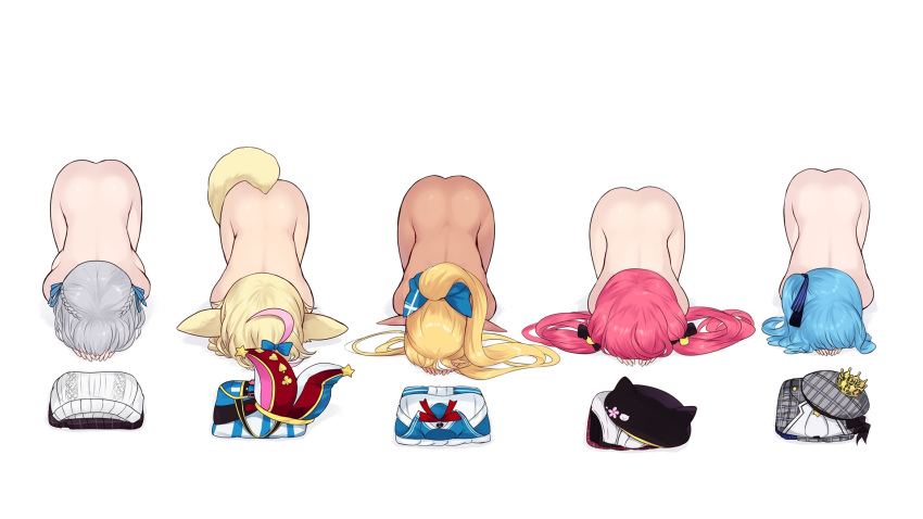 5girls animal_ears ass blonde_hair blue_bow blue_hair bow braid cait_aron clothes_removed completely_nude crown_braid dark-skinned_female dark_skin dogeza folded_clothes fox_ears fox_girl fox_tail grey_hair hair_bow hair_ribbon hat hat_removed headwear_removed highres hololive hoshimachi_suisei long_hair low_twintails multiple_girls naked_dogeza nude omaru_polka pink_hair pointy_ears ponytail ribbon sakura_miko shiranui_flare shiranui_kensetsu shirogane_noel side_ponytail simple_background tail top-down_bottom-up twintails virtual_youtuber white_background