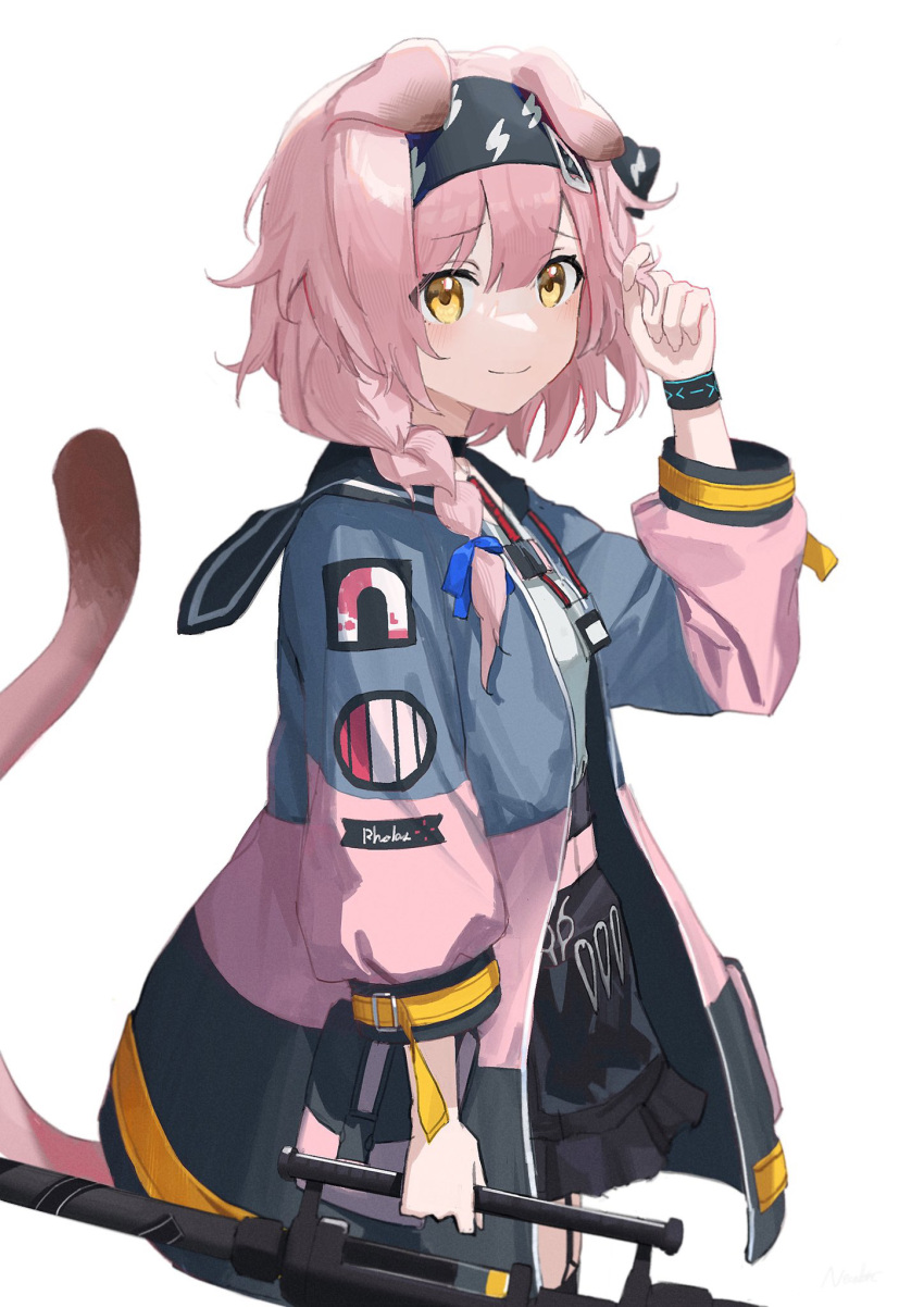1girl animal_ears arknights black_bow black_bracelet black_hairband black_skirt black_thighhighs blue_bow blue_jacket blush bow braid cat_ears cat_girl cat_tail cowboy_shot floppy_ears from_side garter_straps goldenglow_(arknights) hair_bow hair_ornament hairband hairclip hand_up highres im_catfood infection_monitor_(arknights) jacket lightning_bolt_print long_hair long_sleeves looking_at_viewer multicolored_clothes multicolored_jacket pink_jacket print_bow print_hairband simple_background skirt smile solo tail tail_raised thighhighs two-tone_jacket white_background yellow_eyes