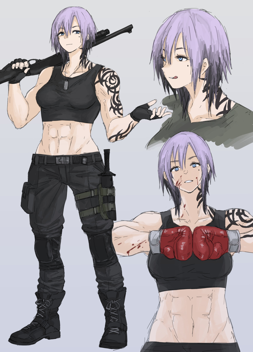 1girl abs absurdres blood blue_eyes boxing_gloves fingerless_gloves fuku_(fuku12290574) gloves gradient_hair grey_background gun highres knee_pads knife military mole mole_under_eye multicolored_hair original purple_hair short_hair shotgun tank_top tattoo toned weapon