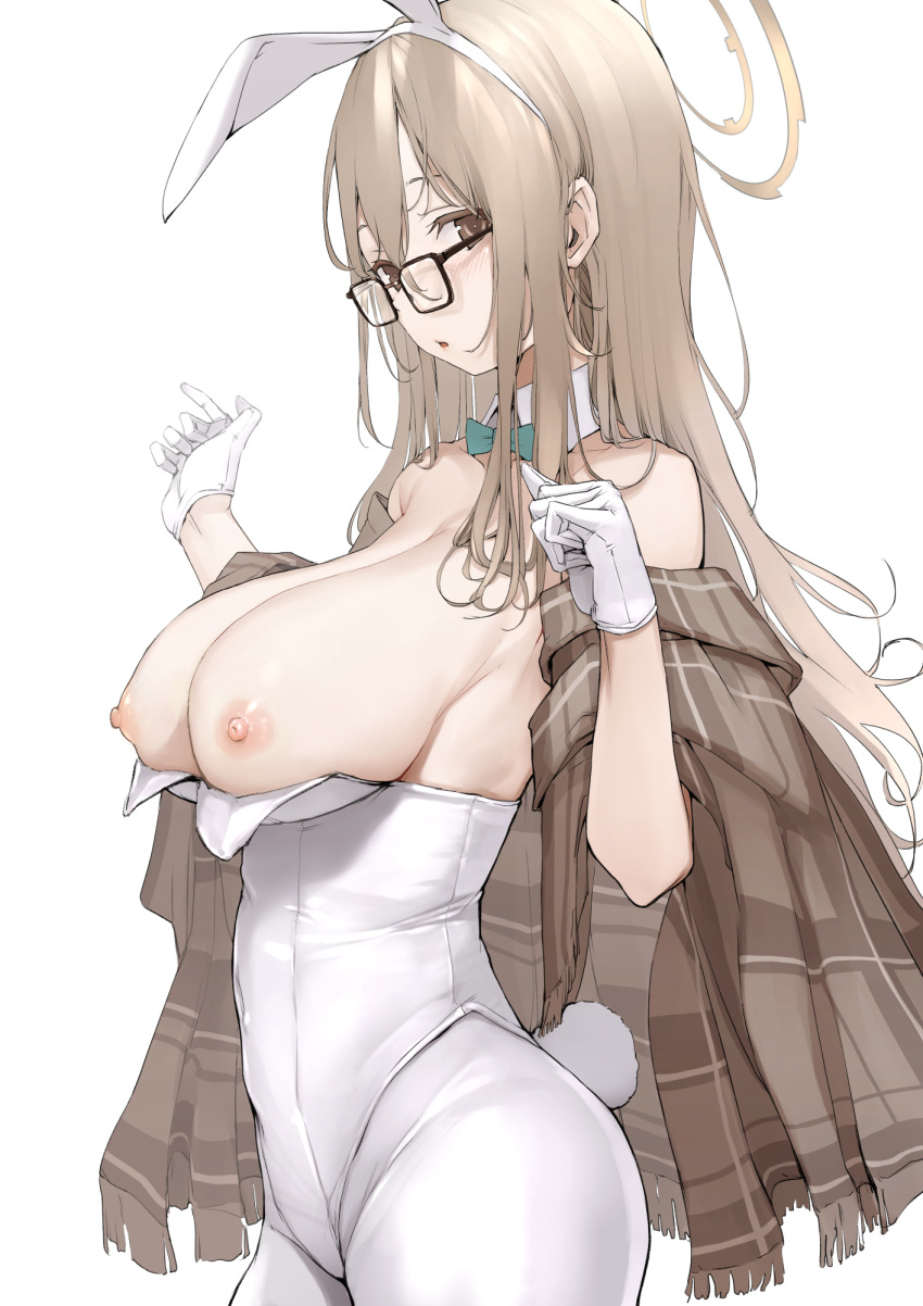 1girl akane_(blue_archive) akane_(bunny)_(blue_archive) animal_ears bare_shoulders blue_archive blue_bow blue_bowtie bow bowtie breasts breasts_out brown_eyes brown_hair brown_jacket cowboy_shot detached_collar fake_animal_ears from_side glasses gloves halo highres jacket large_breasts leotard long_hair looking_at_viewer mitsuru_(pixiv_34028718) nipples off_shoulder official_alternate_costume pantyhose parted_lips plaid plaid_jacket playboy_bunny rabbit_ears rabbit_tail sideways_glance simple_background solo standing strapless strapless_leotard tail wardrobe_malfunction white_background white_gloves white_leotard white_pantyhose
