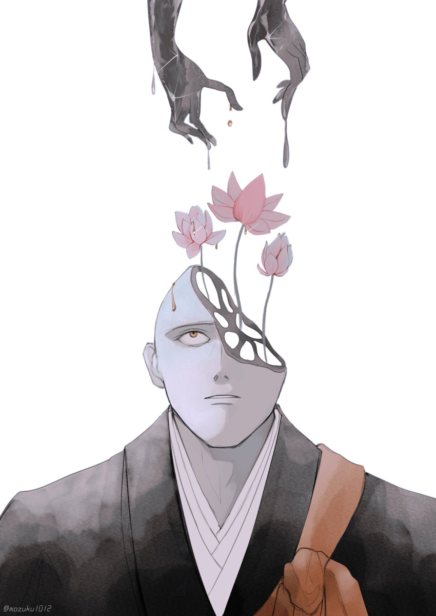 1boy bald black_skin brown_eyes colored_skin flower highres hole_in_head houseki_no_kuni kesa kongou_sensei looking_up lotus lotus_pod melting molten_metal out_of_frame pink_flower portrait reaching robe simple_background solo_focus sparkle trypophobia umino_mozuku white_background