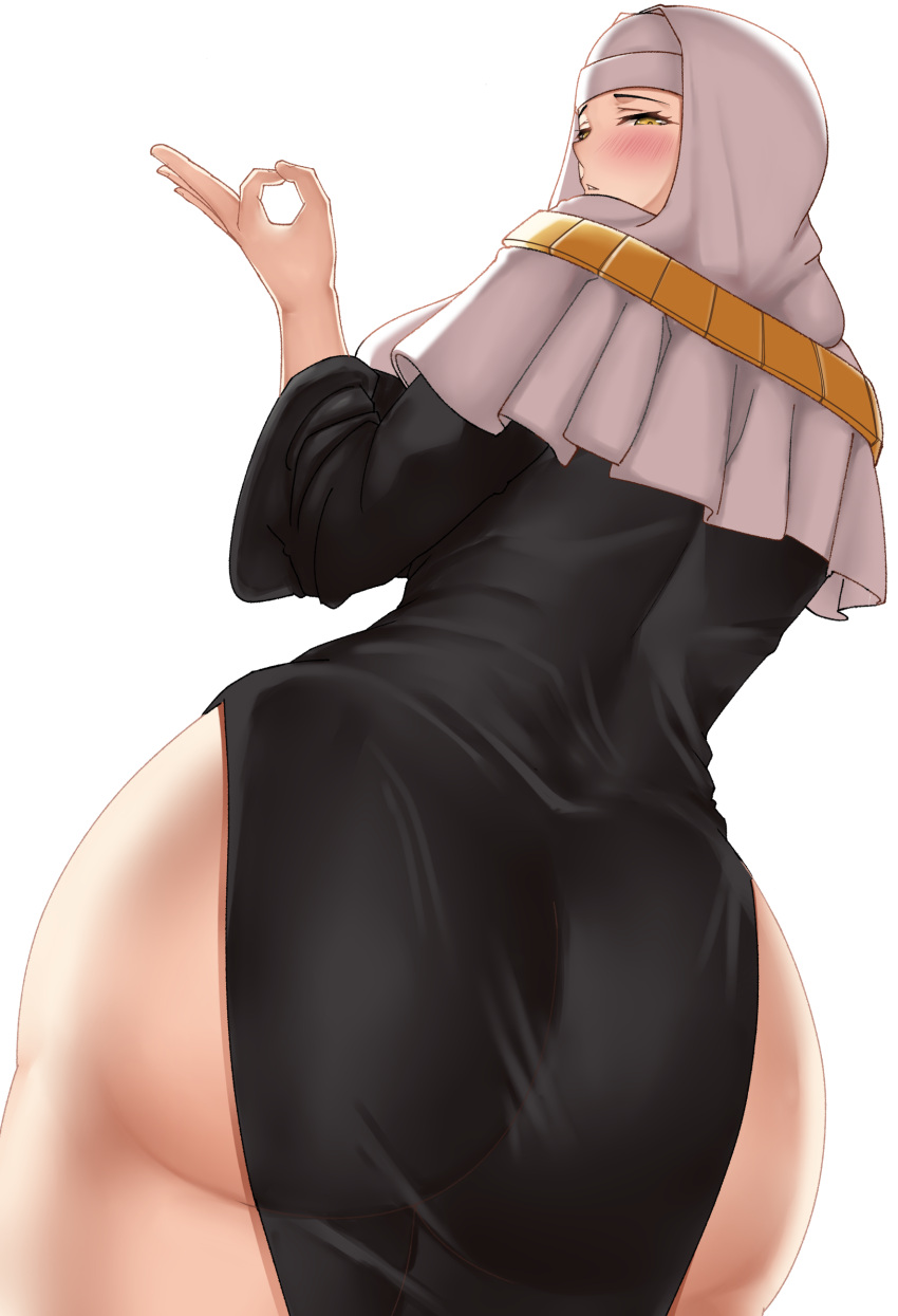 1girl absurdres ass back black_dress breasts dress fate/extra fate/extra_ccc fate_(series) habit highres jewelry kymp large_breasts long_sleeves looking_at_viewer looking_back necklace nun sesshouin_kiara side_slit solo thighs yellow_eyes