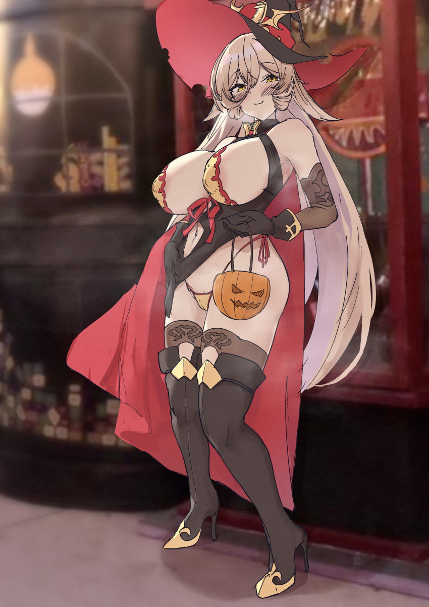 1girl absurdres ambulocetus bare_shoulders blonde_hair bra breasts breasts_out cape closed_mouth clothes_lift covered_nipples dress dress_lift elbow_gloves fang gloves hair_between_eyes halloween halloween_bucket hat high_heels highres large_breasts long_hair looking_at_viewer nijisanji nui_sociere panties side-tie_panties skin_fang standing thighhighs underwear very_long_hair virtual_youtuber witch witch_hat yellow_eyes